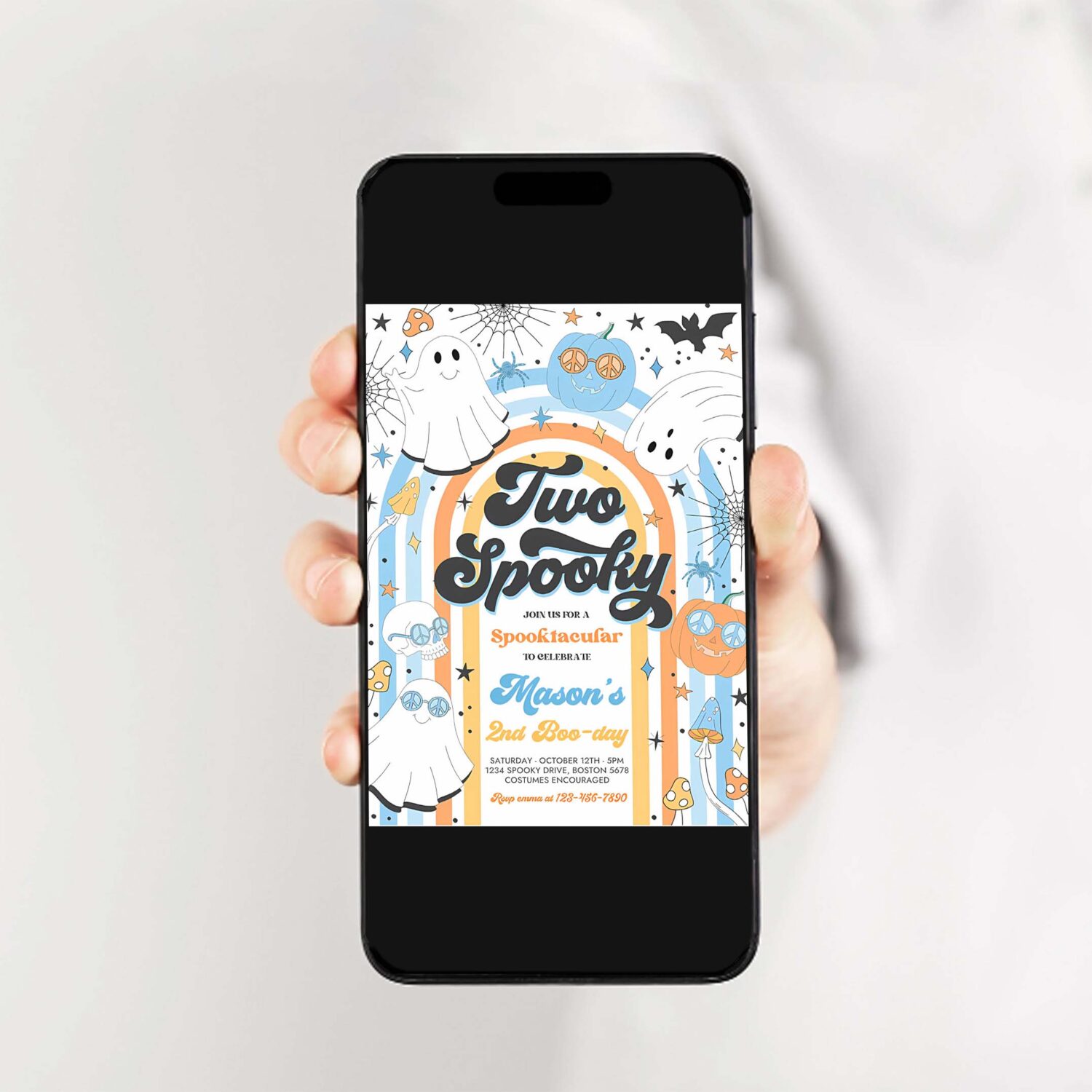 Editable two spooky halloween ghost 2nd birthday invitation retro groovy rainbow ghost birthday hippie halloween party instant download vn 2