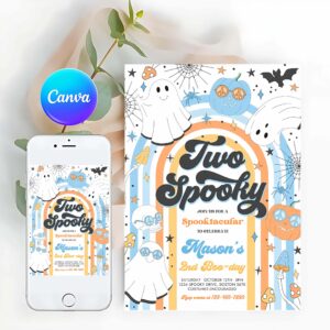 Two Spooky Invitation, Two Spooky Halloween Ghost 2nd Birthday Invitation Retro Groovy Rainbow Ghost Birthday Hippie Halloween Party