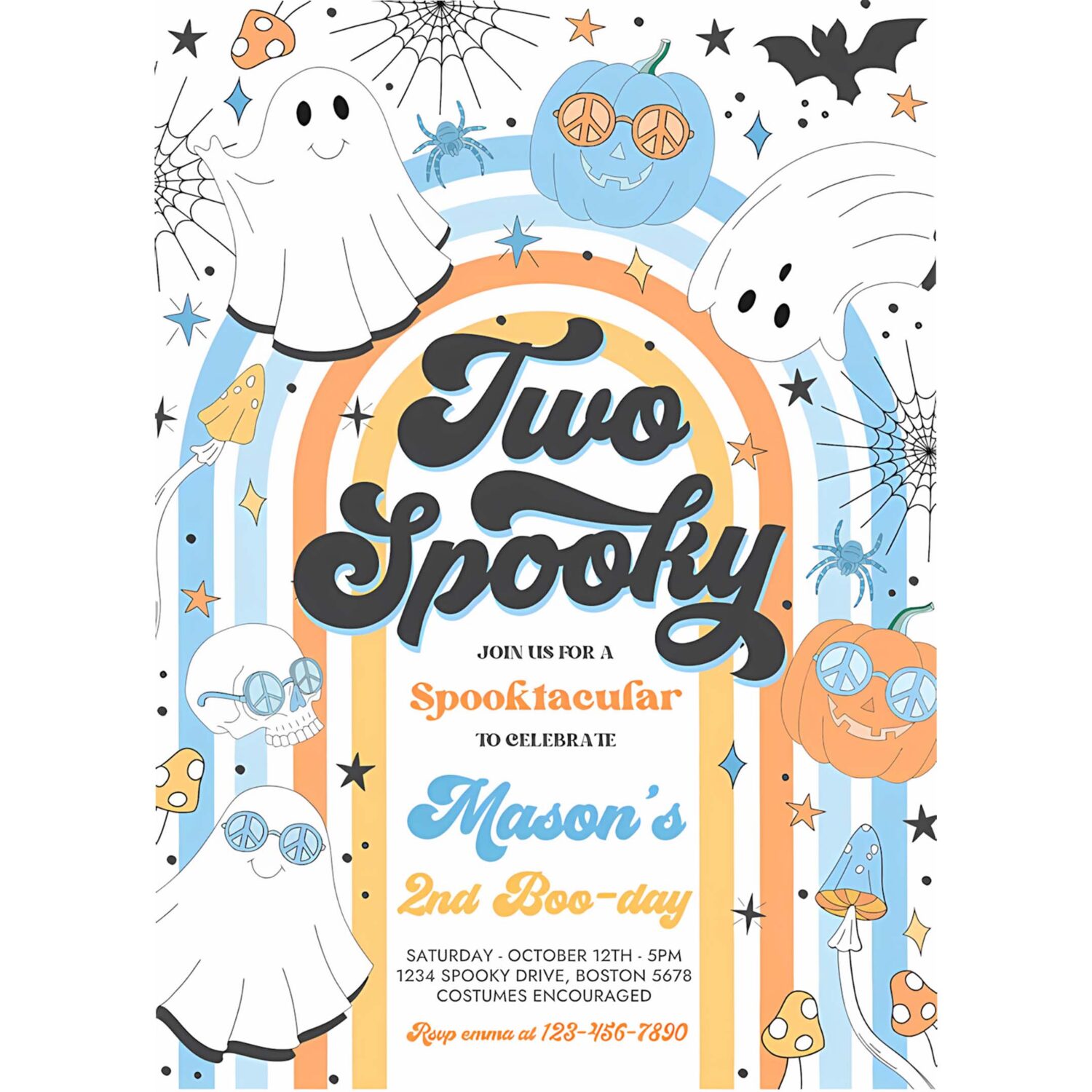Editable two spooky halloween ghost 2nd birthday invitation retro groovy rainbow ghost birthday hippie halloween party instant download vn 4