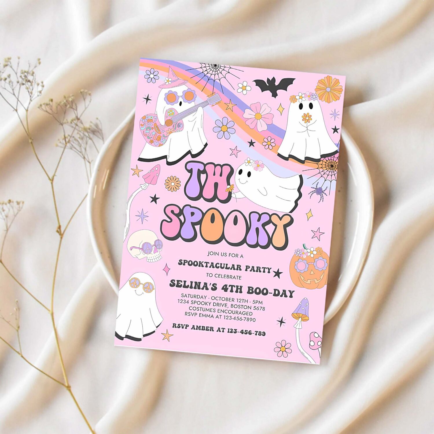 Editable two spooky halloween ghost 2nd birthday invitation retro groovy rainbow ghost birthday hippie halloween party instant download vu 1