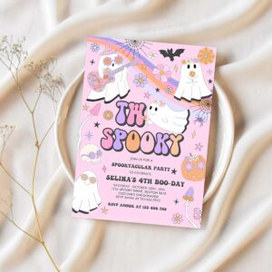 Editable two spooky halloween ghost 2nd birthday invitation retro groovy rainbow ghost birthday hippie halloween party instant download vu 1