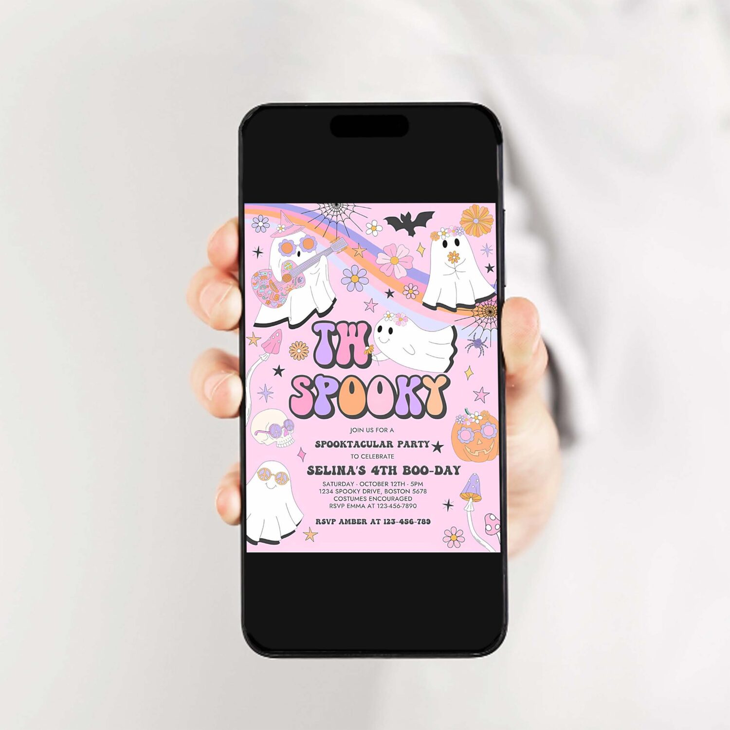 Editable two spooky halloween ghost 2nd birthday invitation retro groovy rainbow ghost birthday hippie halloween party instant download vu 2