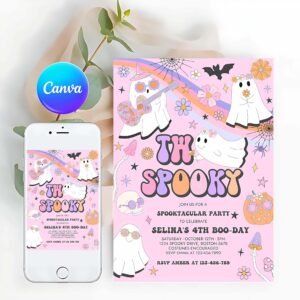 Two Spooky Invitation, Two Spooky Halloween Ghost 2nd Birthday Invitation Retro Groovy Rainbow Ghost Birthday Hippie Halloween Party