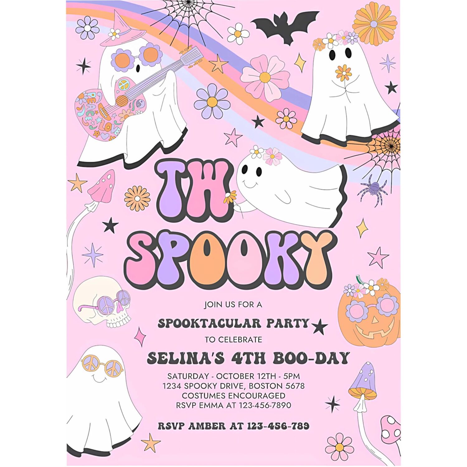 Editable two spooky halloween ghost 2nd birthday invitation retro groovy rainbow ghost birthday hippie halloween party instant download vu 4
