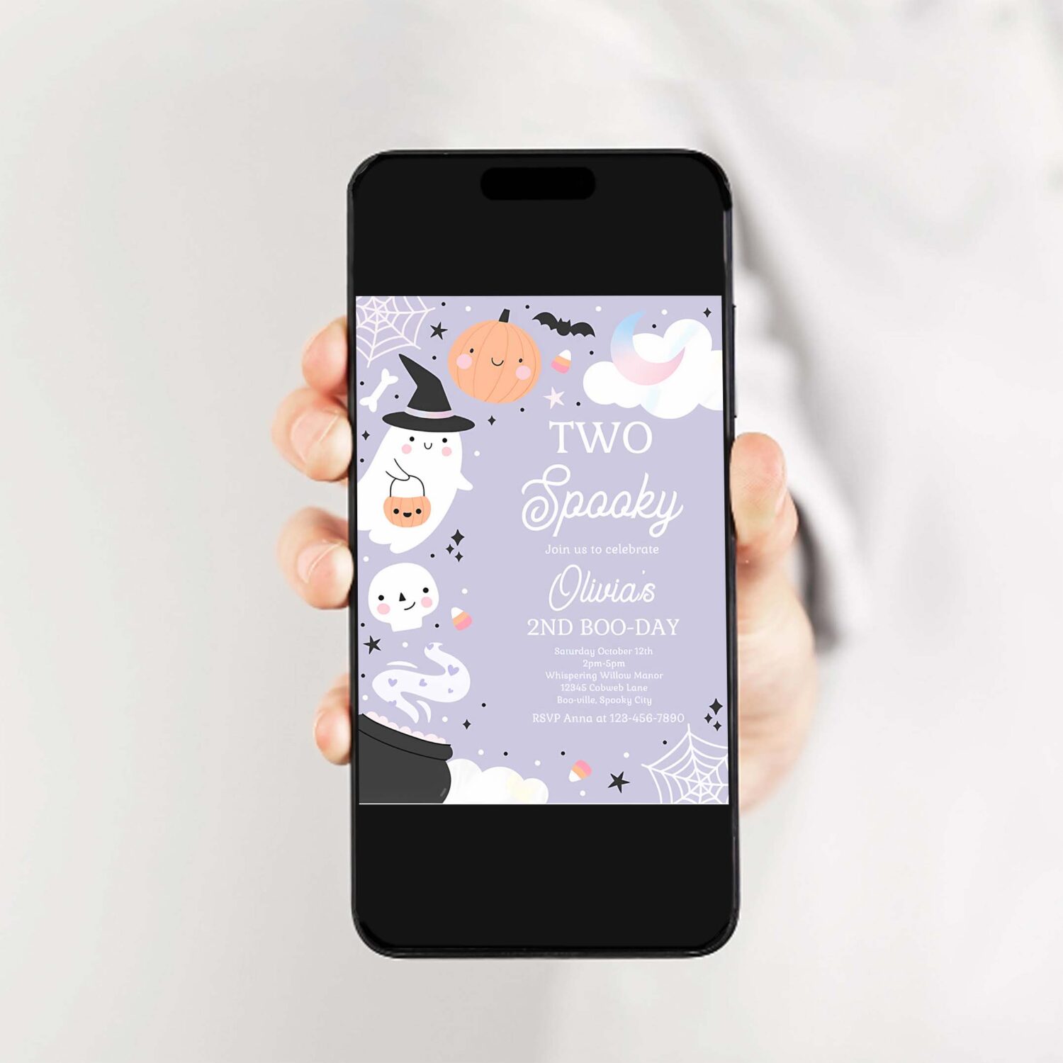 Editable two spooky halloween ghost 2nd birthday party invitation boho groovy ghost halloween birthday party invite instant download 42a 2