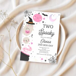 Editable two spooky halloween ghost 2nd birthday party invitation boho groovy ghost halloween birthday party invite instant download 42w 1