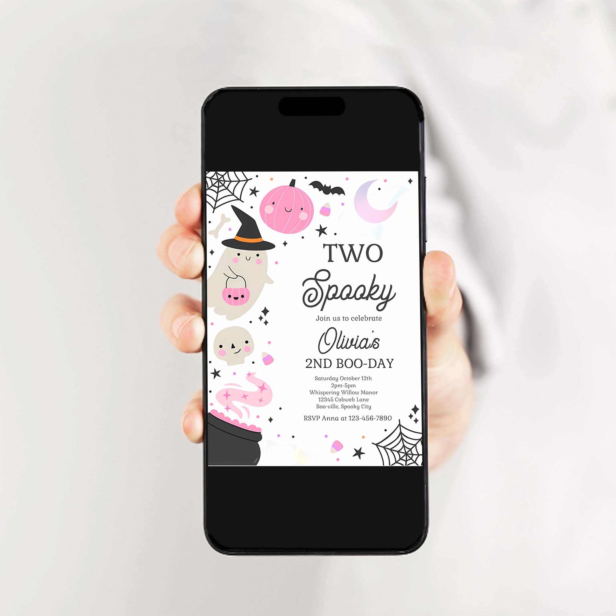 Editable Two Spooky Halloween Ghost 2nd Birthday Party Invitation Boho Groovy Ghost Halloween Birthday Party Invite Instant Download 42W