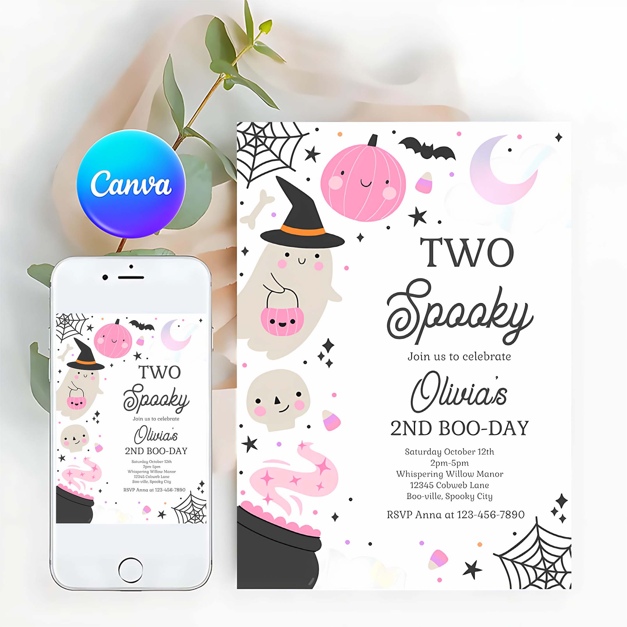 Editable Two Spooky Halloween Ghost 2nd Birthday Party Invitation Boho Groovy Ghost Halloween Birthday Party Invite Instant Download 42W