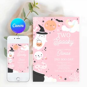 Two Spooky Invitation, Two Spooky Halloween Ghost 2nd Birthday Party Invitation Boho Groovy Ghost Halloween Birthday Party Invite