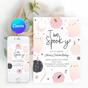 Two Spooky Invitation, Two Spooky Halloween Ghost 2nd Birthday Party Invitation Boho Groovy Ghost Halloween Birthday Party Invite