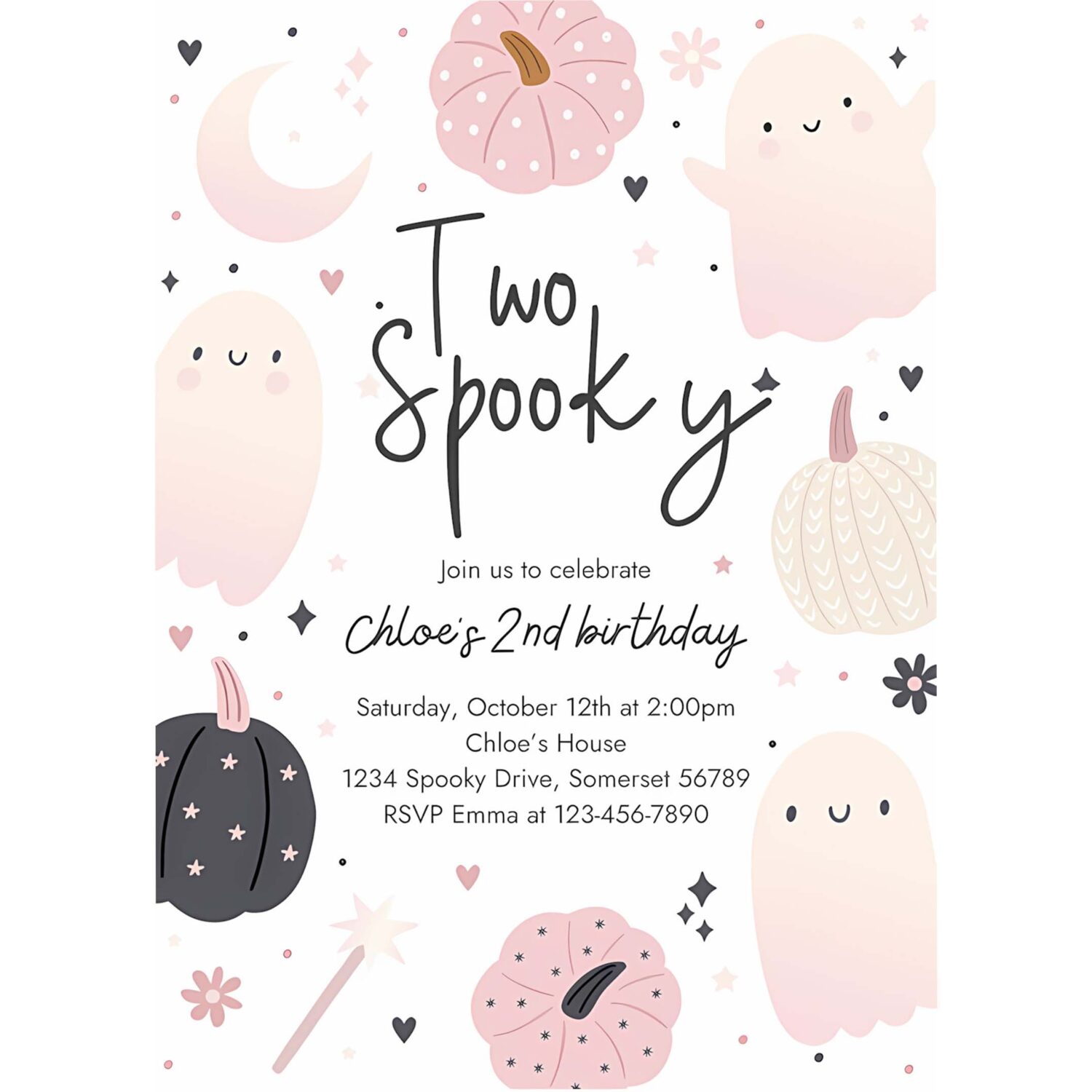 Editable two spooky halloween ghost 2nd birthday party invitation boho groovy ghost halloween birthday party invite instant download 43f 4