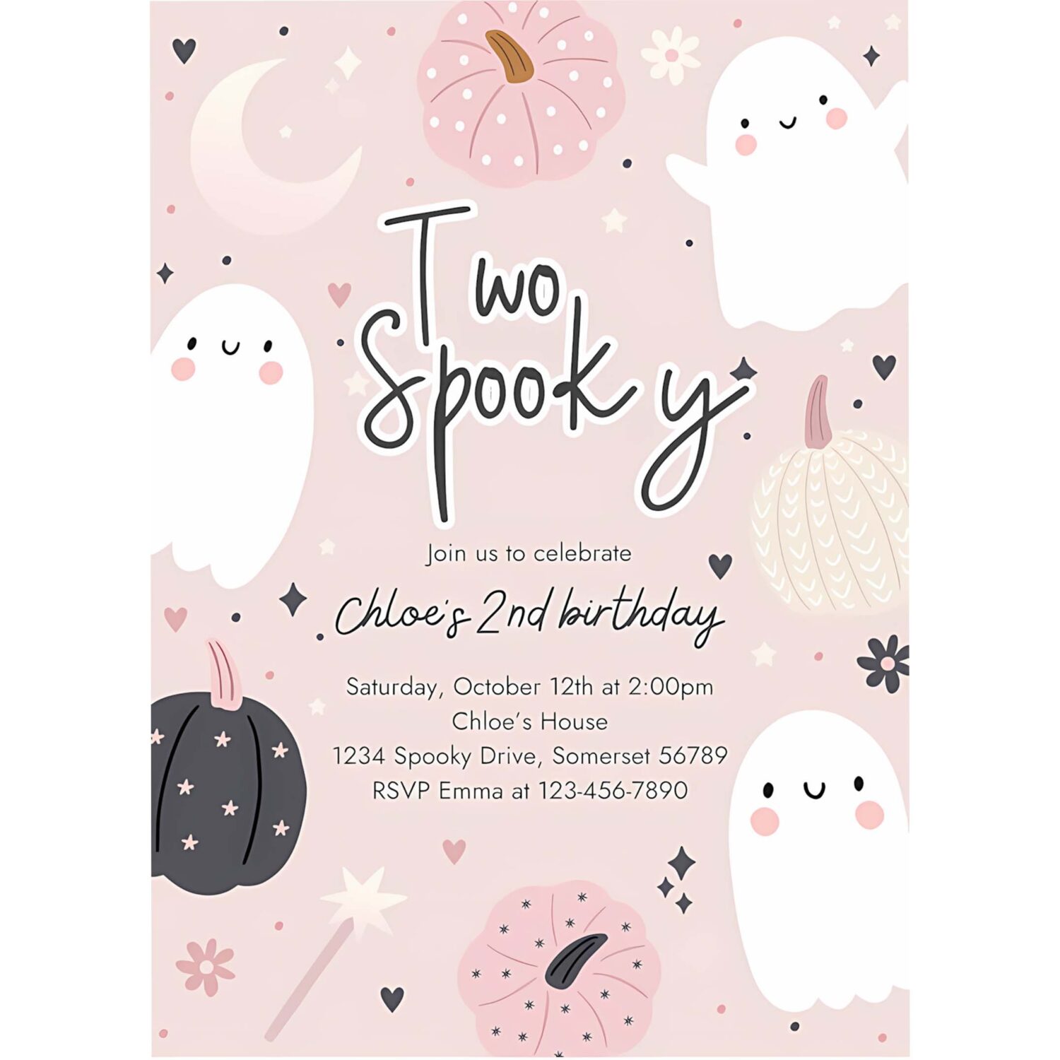 Editable two spooky halloween ghost 2nd birthday party invitation boho groovy ghost halloween birthday party invite instant download 45f 4