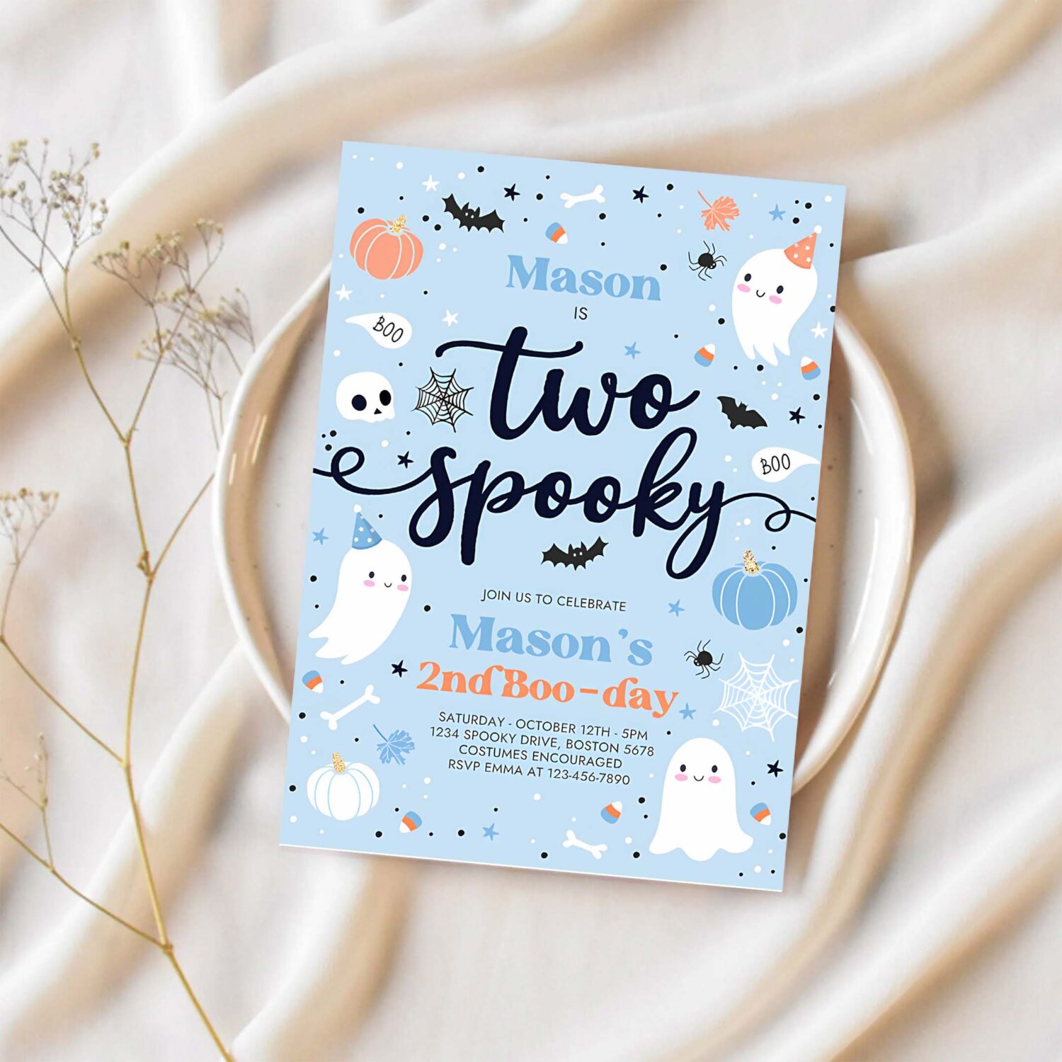 Editable two spooky halloween ghost 2nd birthday party invitation cute boy ghost 2nd birthday spooktacular 2nd birthday instant download dw 1