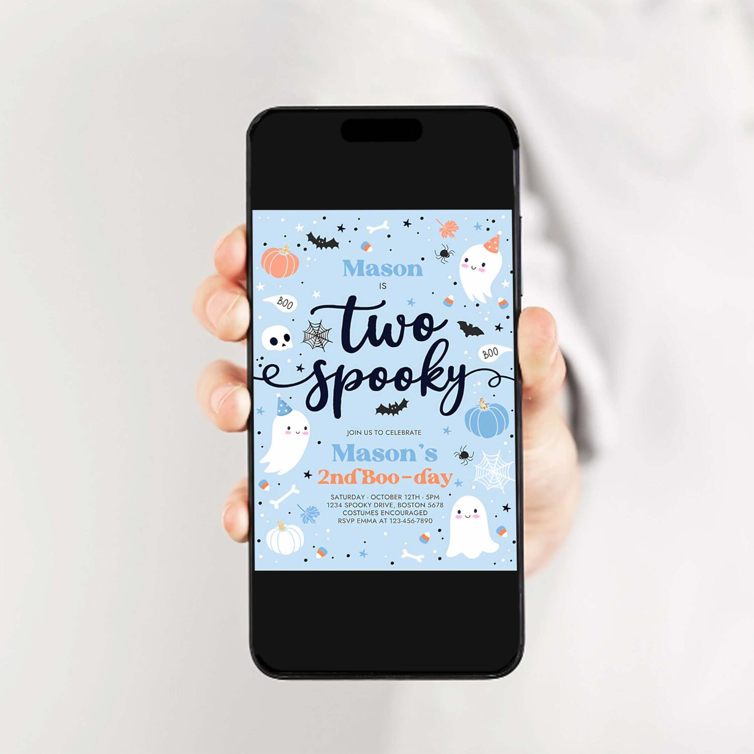 Editable two spooky halloween ghost 2nd birthday party invitation cute boy ghost 2nd birthday spooktacular 2nd birthday instant download dw 2