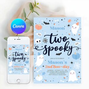 Two Spooky Invitation, Two Spooky Halloween Ghost 2nd Birthday Party Invitation Cute Boy Ghost 2nd Birthday Spooktacular 2nd Birthday