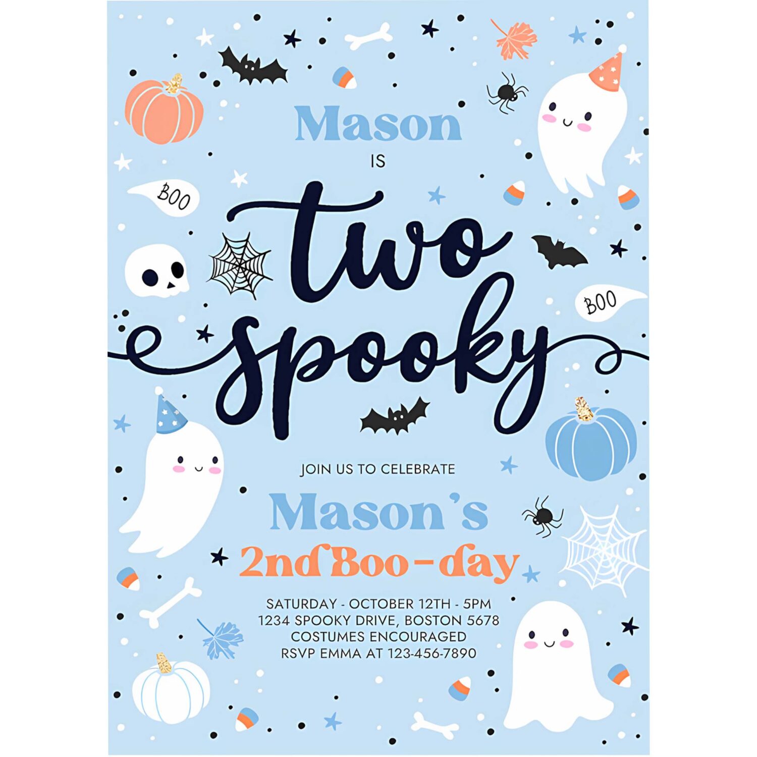 Editable two spooky halloween ghost 2nd birthday party invitation cute boy ghost 2nd birthday spooktacular 2nd birthday instant download dw 4