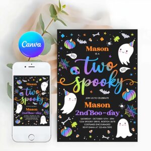 Two Spooky Invitation, Two Spooky Halloween Ghost 2nd Birthday Party Invitation Cute Boy Ghost 2nd Birthday Spooktacular 2nd Birthday