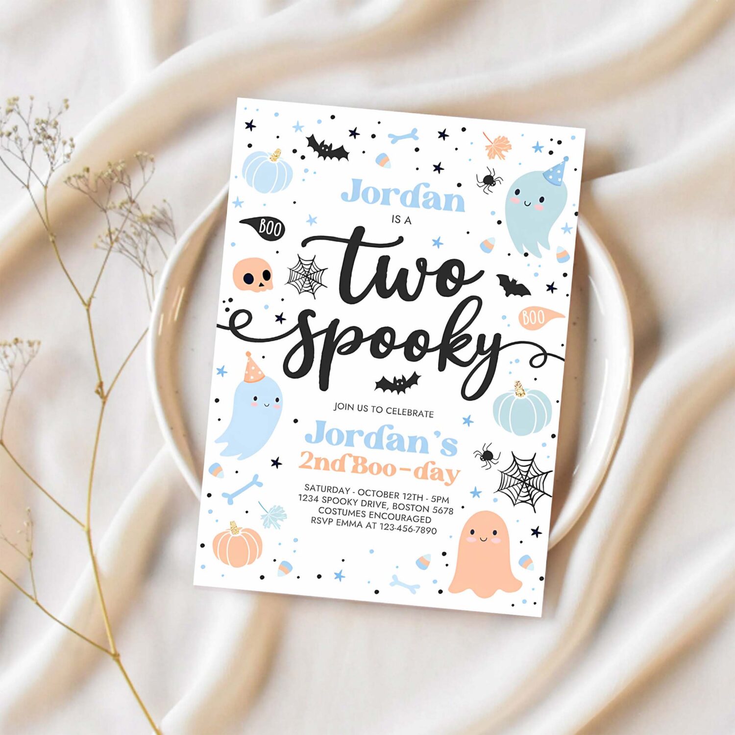 Editable two spooky halloween ghost 2nd birthday party invitation cute boy ghost 2nd birthday spooktacular 2nd birthday instant download g62 1