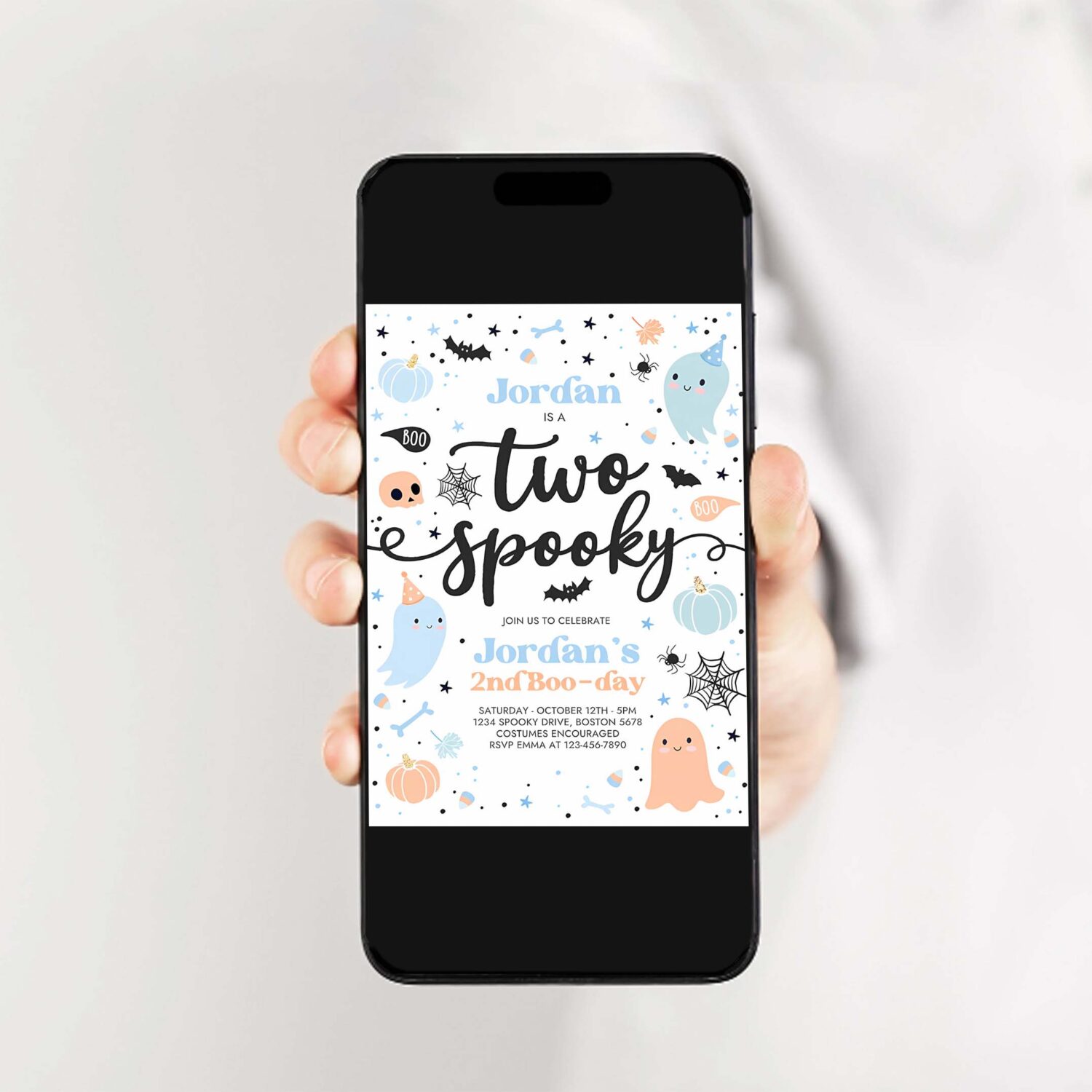 Editable two spooky halloween ghost 2nd birthday party invitation cute boy ghost 2nd birthday spooktacular 2nd birthday instant download g62 2