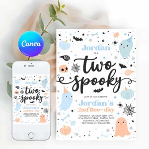 Two Spooky Invitation, Two Spooky Halloween Ghost 2nd Birthday Party Invitation Cute Boy Ghost 2nd Birthday Spooktacular 2nd Birthday