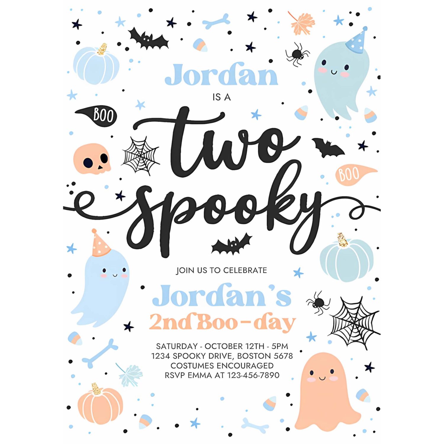 Editable two spooky halloween ghost 2nd birthday party invitation cute boy ghost 2nd birthday spooktacular 2nd birthday instant download g62 4