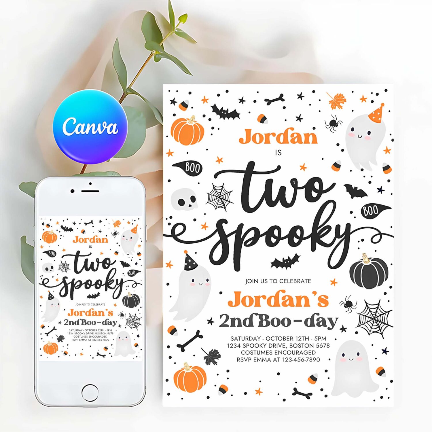 Editable two spooky halloween ghost 2nd birthday party invitation cute boy ghost 2nd birthday spooktacular 2nd birthday instant download g8