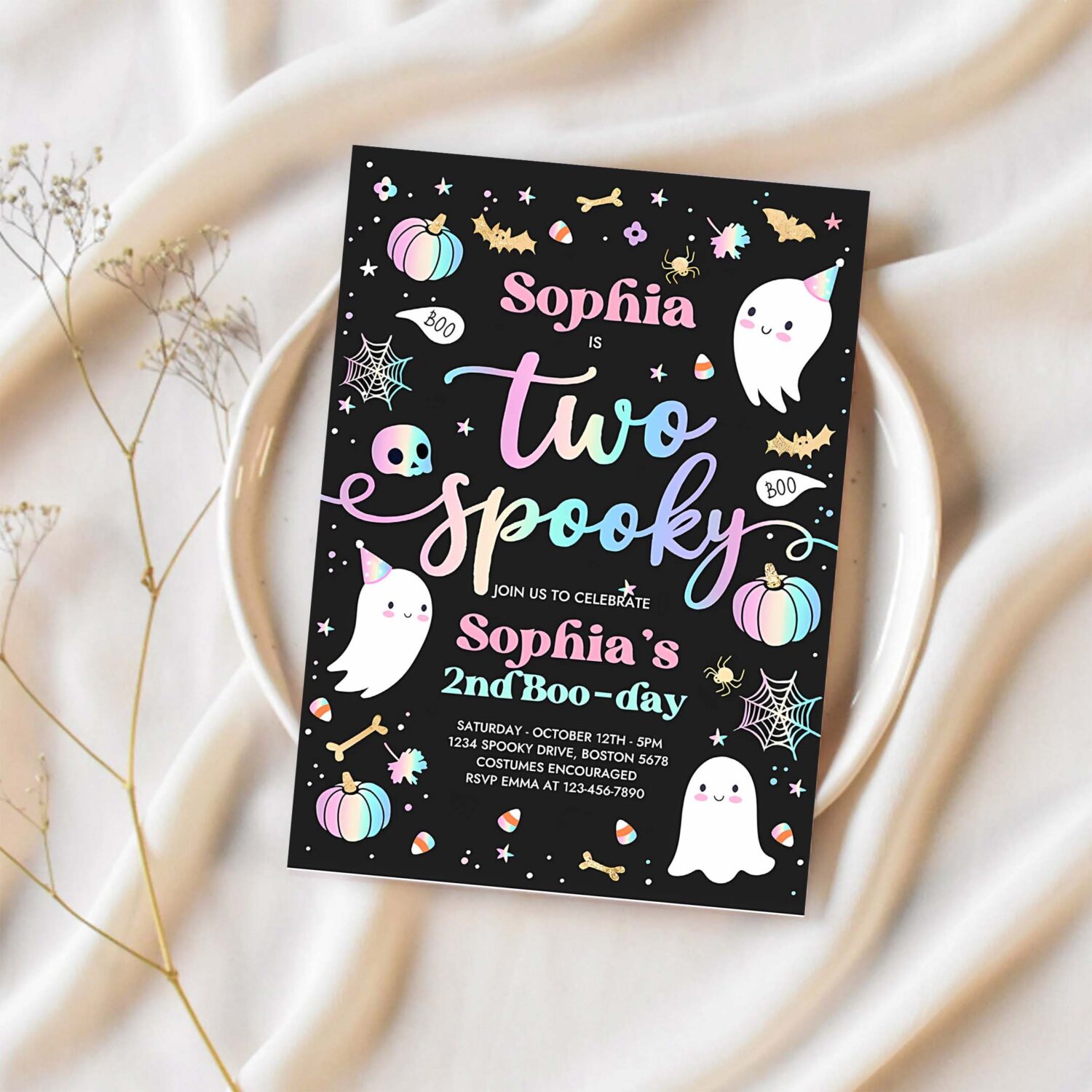 Editable two spooky halloween ghost 2nd birthday party invitation cute pink ghost 2nd birthday spooktacular 2nd birthday instant download dq 1