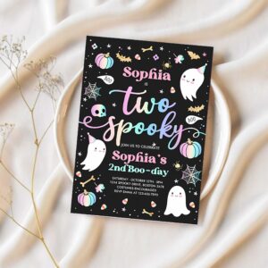 Editable two spooky halloween ghost 2nd birthday party invitation cute pink ghost 2nd birthday spooktacular 2nd birthday instant download dq 1