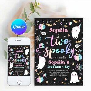 Two Spooky Invitation, Two Spooky Halloween Ghost 2nd Birthday Party Invitation Cute Pink Ghost 2nd Birthday Spooktacular 2nd Birthday