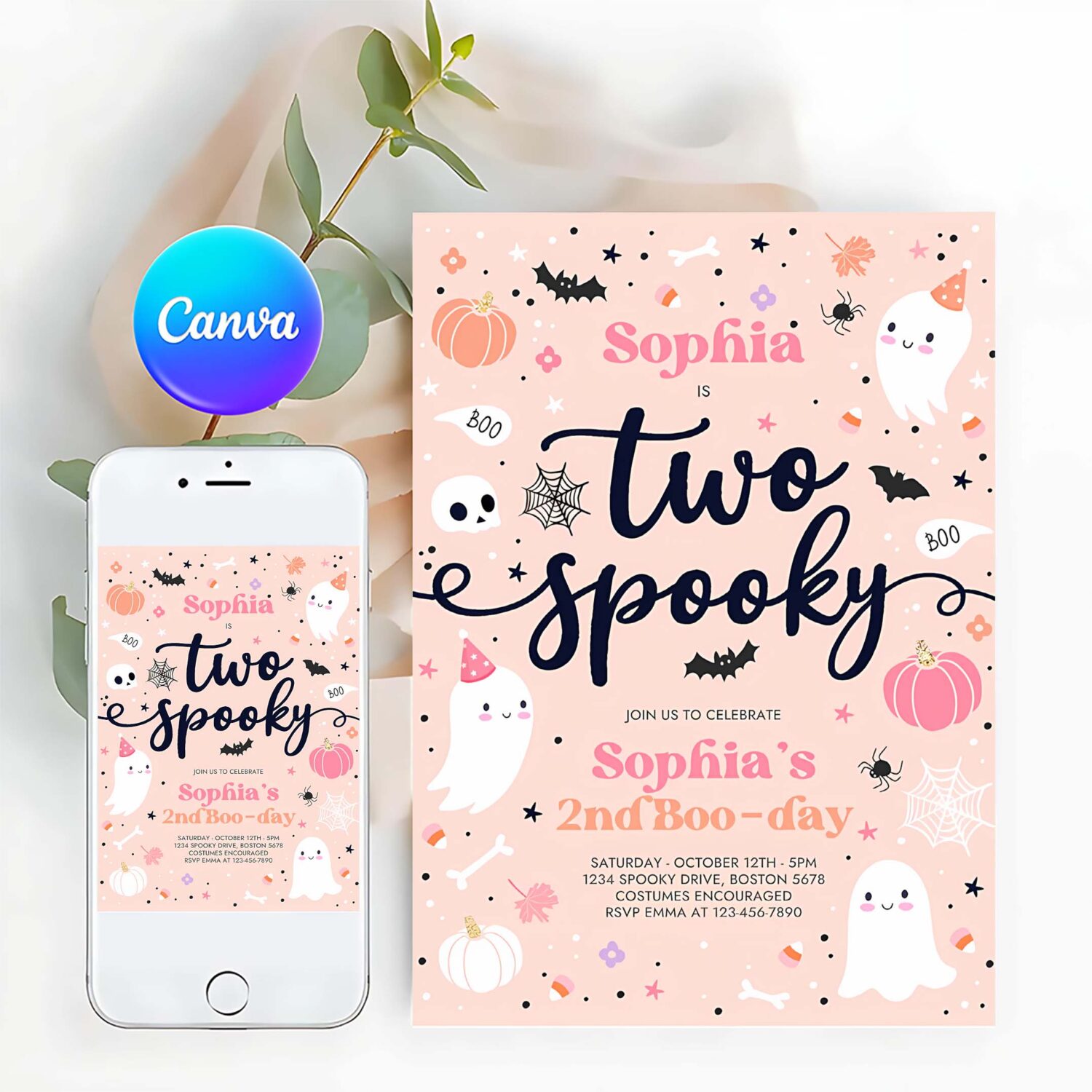Editable two spooky halloween ghost 2nd birthday party invitation cute pink ghost 2nd birthday spooktacular 2nd birthday instant download ds