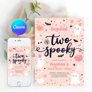 Two Spooky Invitation, Two Spooky Halloween Ghost 2nd Birthday Party Invitation Cute Pink Ghost 2nd Birthday Spooktacular 2nd Birthday