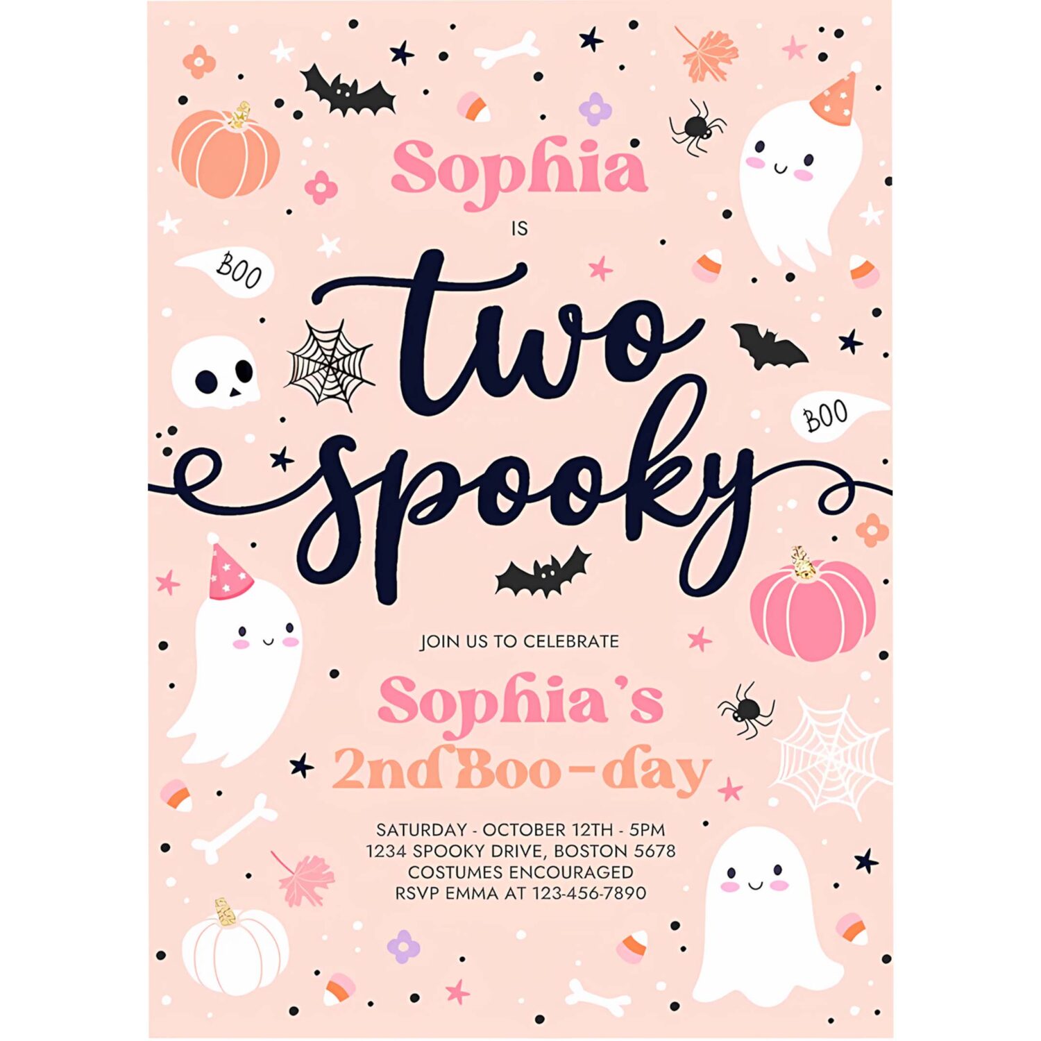 Editable two spooky halloween ghost 2nd birthday party invitation cute pink ghost 2nd birthday spooktacular 2nd birthday instant download ds 4