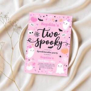 Editable two spooky halloween ghost 2nd birthday party invitation cute pink ghost 2nd birthday spooktacular 2nd birthday instant download f4 1
