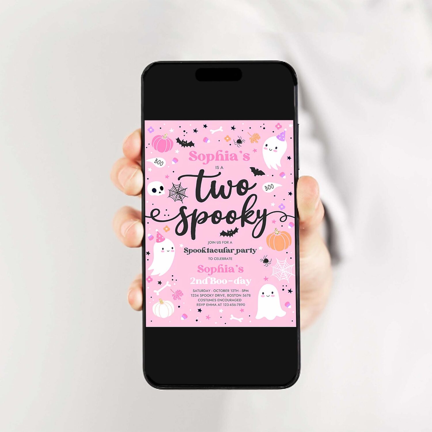 Editable two spooky halloween ghost 2nd birthday party invitation cute pink ghost 2nd birthday spooktacular 2nd birthday instant download f4 2
