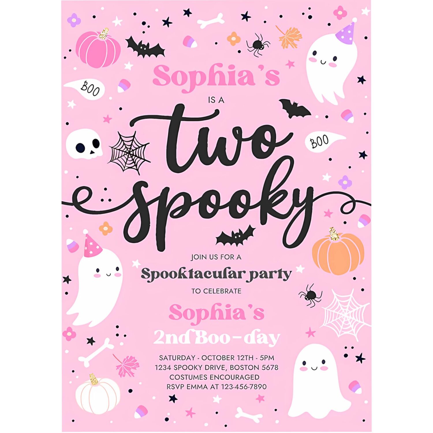 Editable two spooky halloween ghost 2nd birthday party invitation cute pink ghost 2nd birthday spooktacular 2nd birthday instant download f4 4