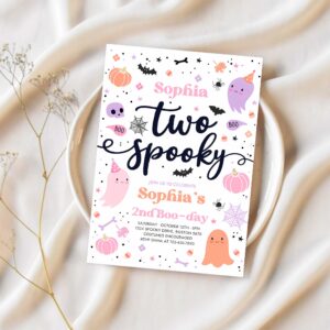 Editable two spooky halloween ghost 2nd birthday party invitation cute pink ghost 2nd birthday spooktacular 2nd birthday instant download f6 1
