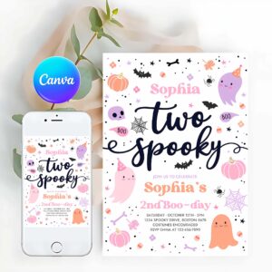 Two Spooky Invitation, Two Spooky Halloween Ghost 2nd Birthday Party Invitation Cute Pink Ghost 2nd Birthday Spooktacular 2nd Birthday