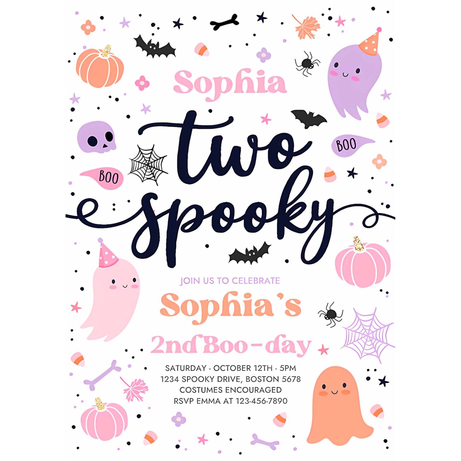 Editable two spooky halloween ghost 2nd birthday party invitation cute pink ghost 2nd birthday spooktacular 2nd birthday instant download f6 4