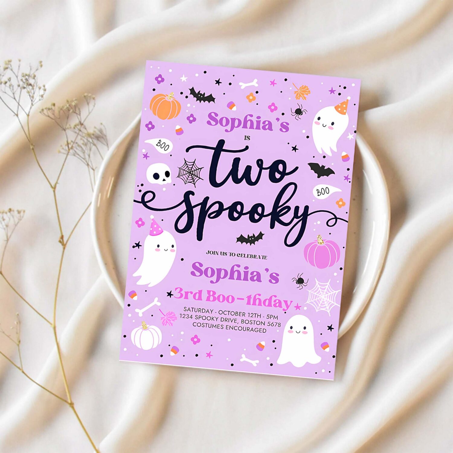 Editable two spooky halloween ghost 2nd birthday party invitation purple ghost 2nd birthday spooktacular 2nd birthday instant download l1 1