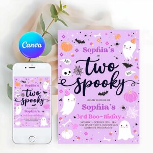 Two Spooky Invitation, Two Spooky Halloween Ghost 2nd Birthday Party Invitation Purple Ghost 2nd Birthday Spooktacular 2nd Birthday