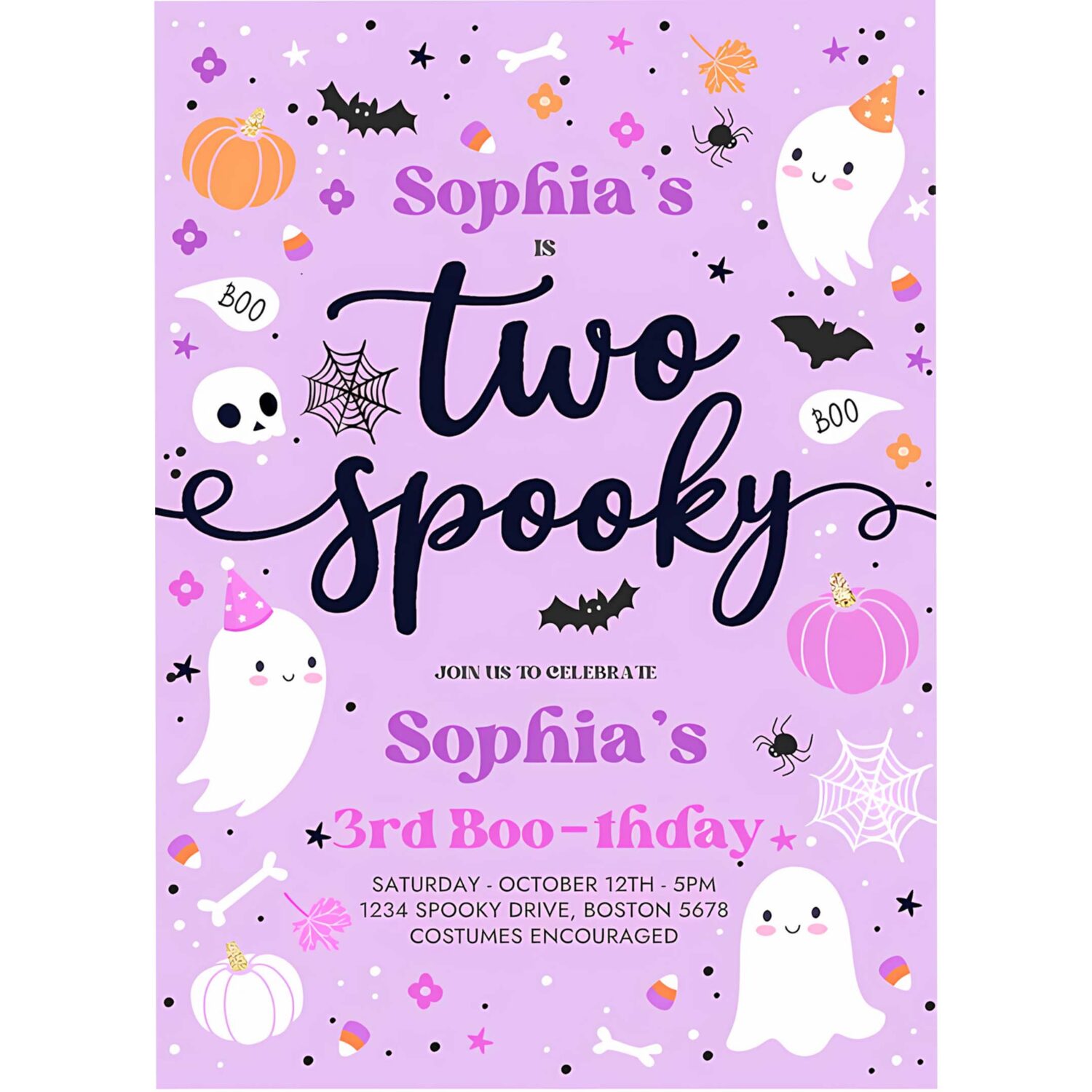 Editable two spooky halloween ghost 2nd birthday party invitation purple ghost 2nd birthday spooktacular 2nd birthday instant download l1 4