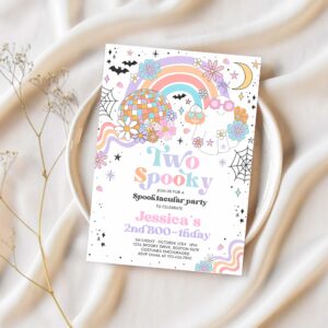 Editable two spooky halloween ghost 2nd birthday party invitation retro groovy rainbow ghost birthday hippie halloween instant download 45g 1