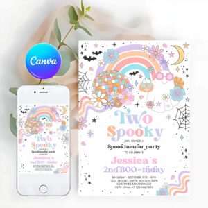 Two Spooky Invitation, Two Spooky Halloween Ghost 2nd Birthday Party Invitation Retro Groovy Rainbow Ghost Birthday Hippie Halloween