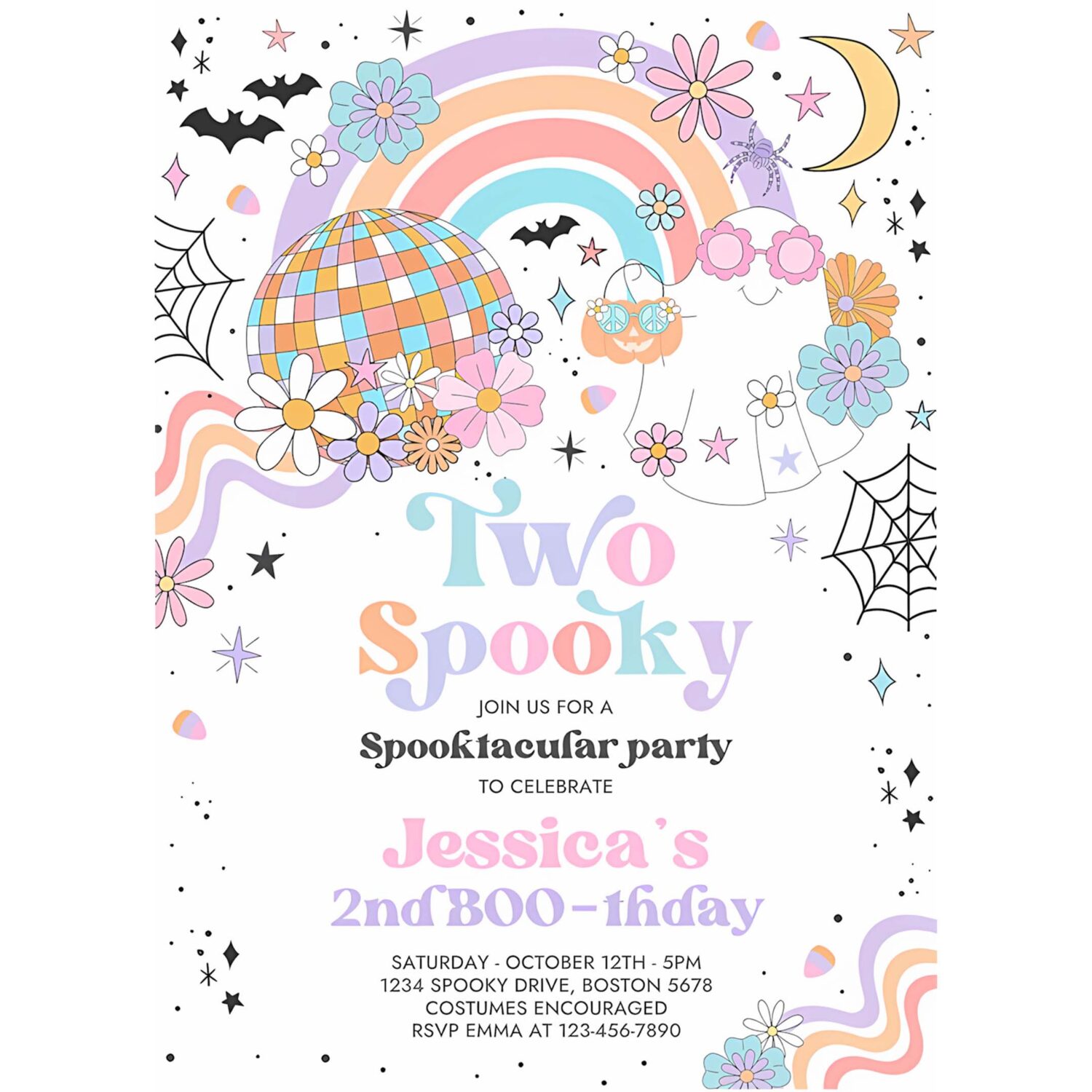 Editable two spooky halloween ghost 2nd birthday party invitation retro groovy rainbow ghost birthday hippie halloween instant download 45g 4