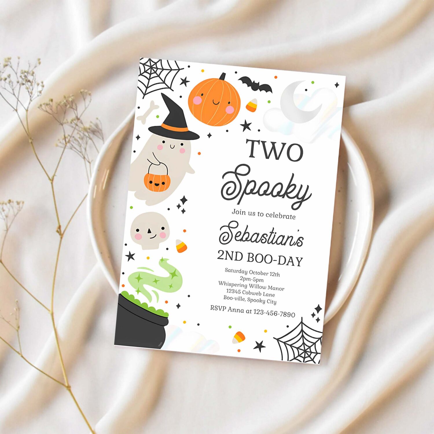 Editable two spooky halloween ghost 2nd birthday party invitation spooktacular ghost halloween birthday party invite instant download 4w2 1