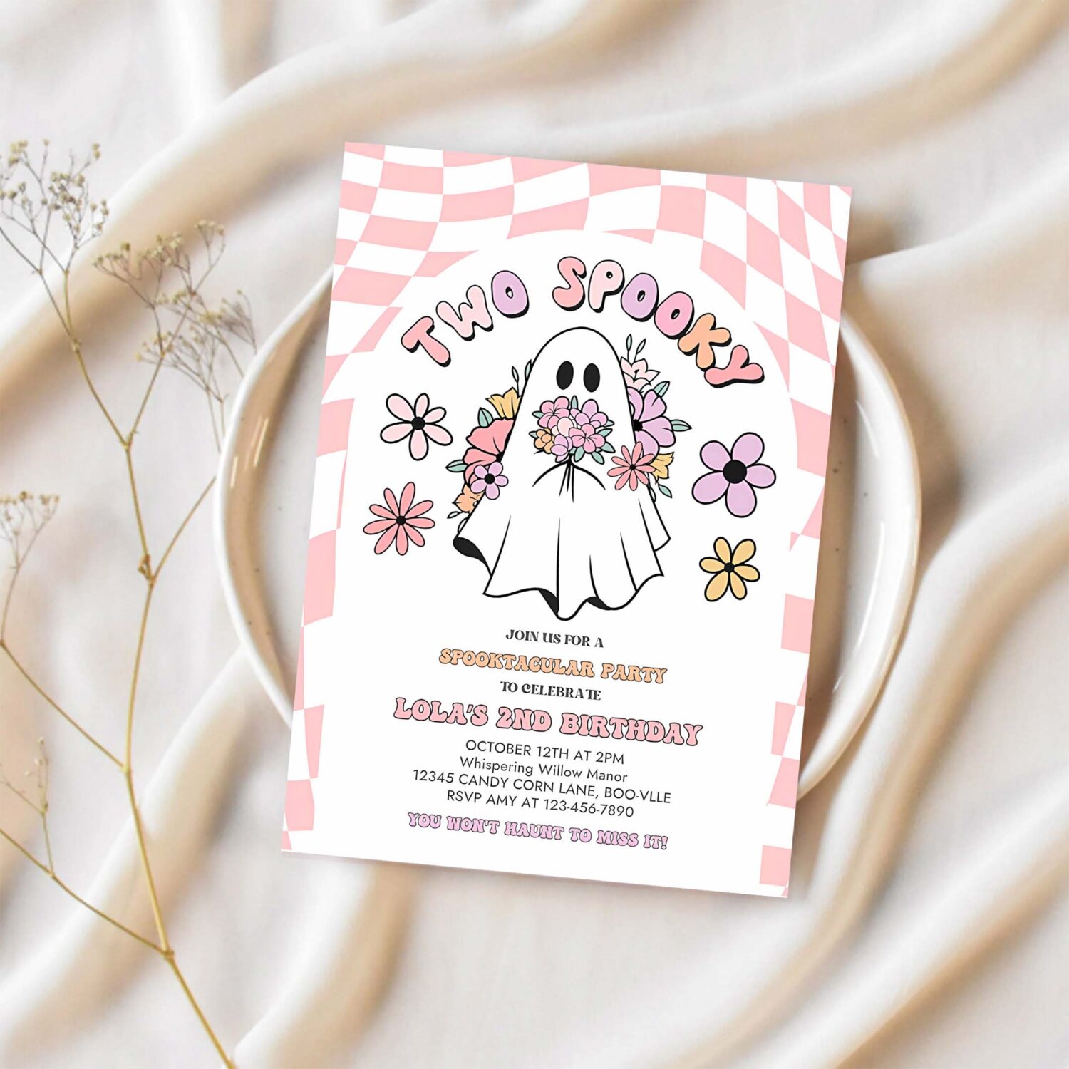 Editable two spooky halloween ghost 2nd invitation retro groovy pink ghost halloween birthday party instant download uw8 1