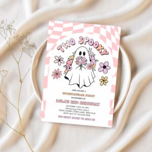 Editable two spooky halloween ghost 2nd invitation retro groovy pink ghost halloween birthday party instant download uw8 1