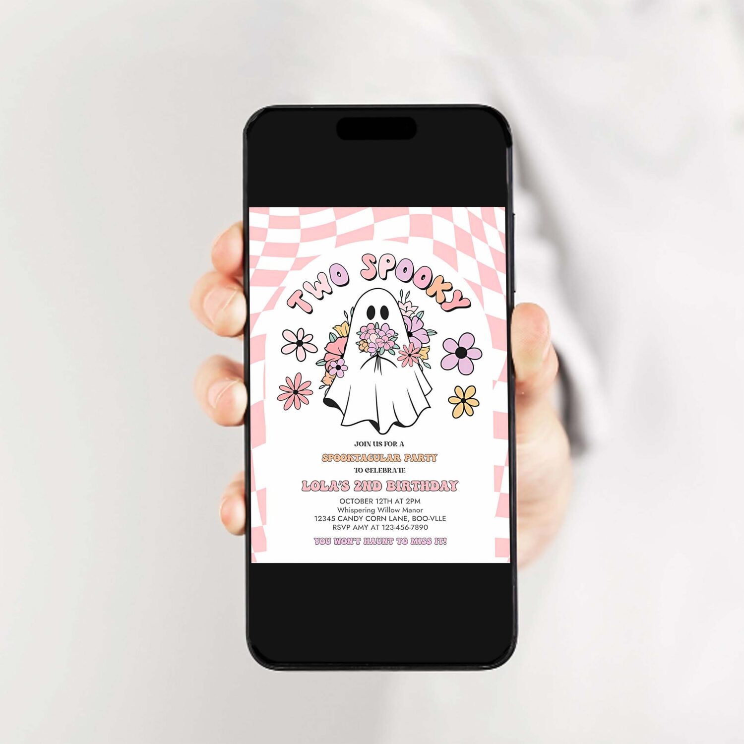 Editable two spooky halloween ghost 2nd invitation retro groovy pink ghost halloween birthday party instant download uw8 2