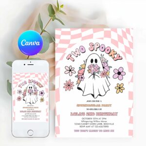 Two Spooky Invitation, Two Spooky Halloween Ghost 2nd Invitation Retro Groovy Pink Ghost Halloween Birthday Party