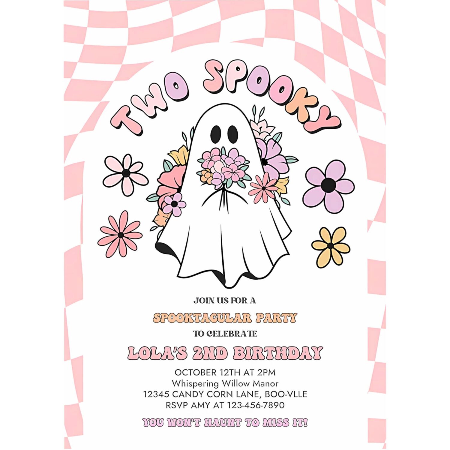 Editable two spooky halloween ghost 2nd invitation retro groovy pink ghost halloween birthday party instant download uw8 4